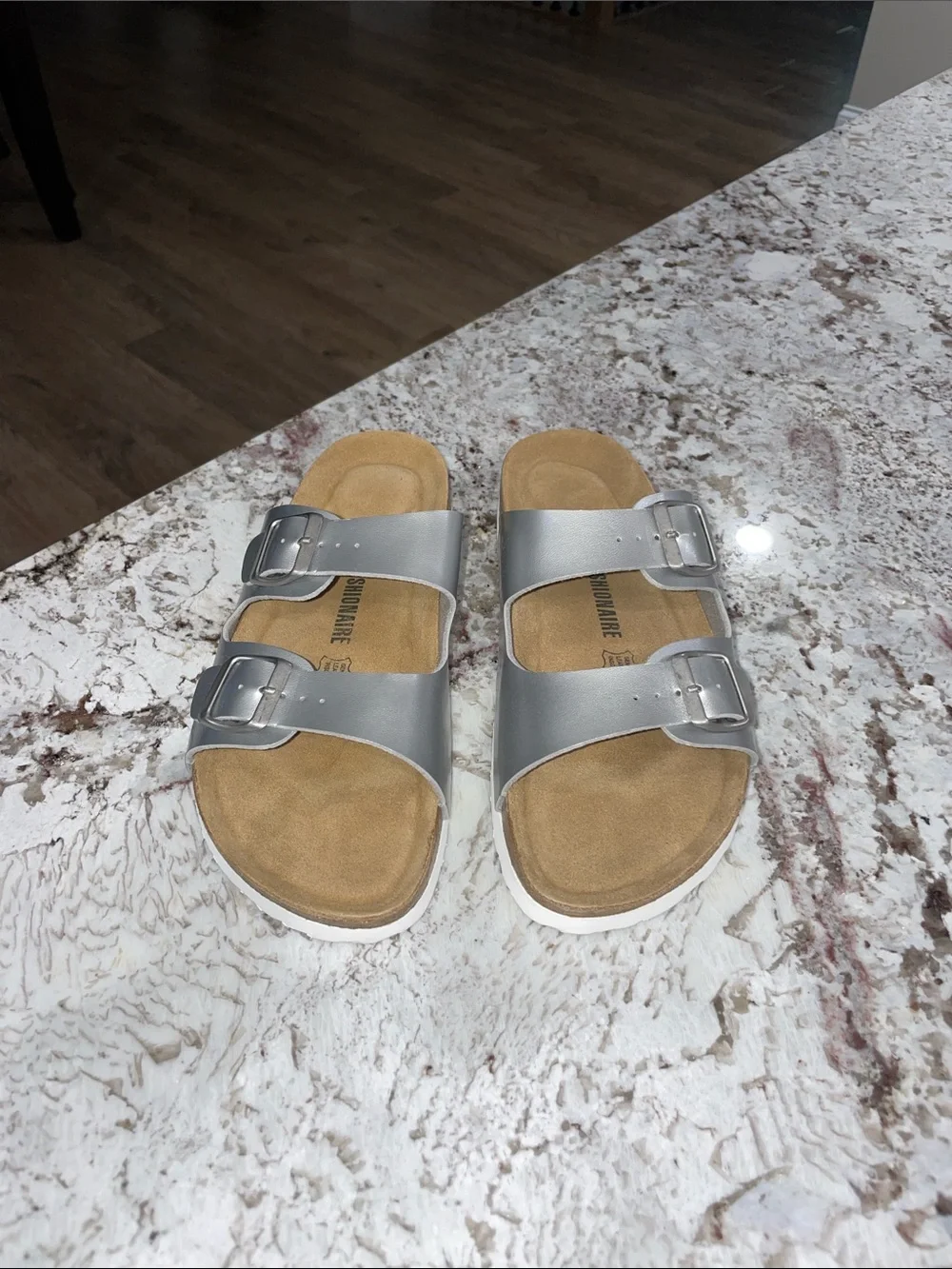 Women’s Double-Buckle Slide Sandals in Silver
